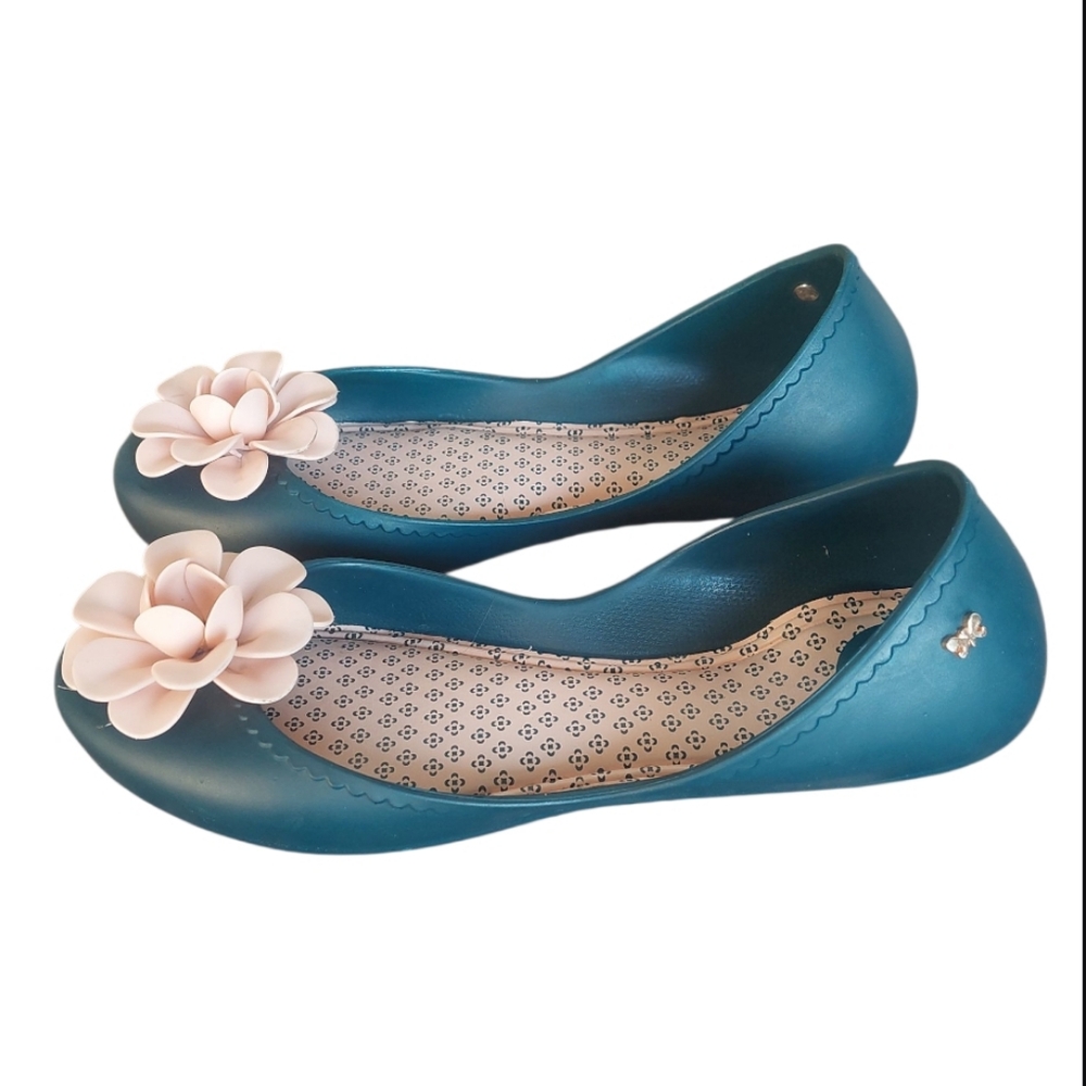 Zaxy Ballerina Jelly Flats Women's Size US 8 Teal Slip On Shoes Flower Accent